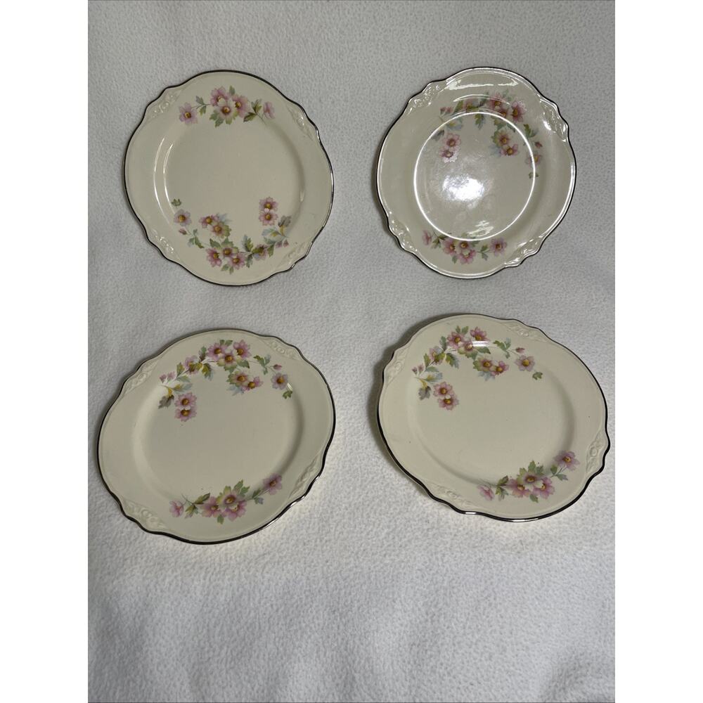 Homer Laughlin VIRGINIA ROSE Porcelain Floral Platinum Trim Bread Plates X4